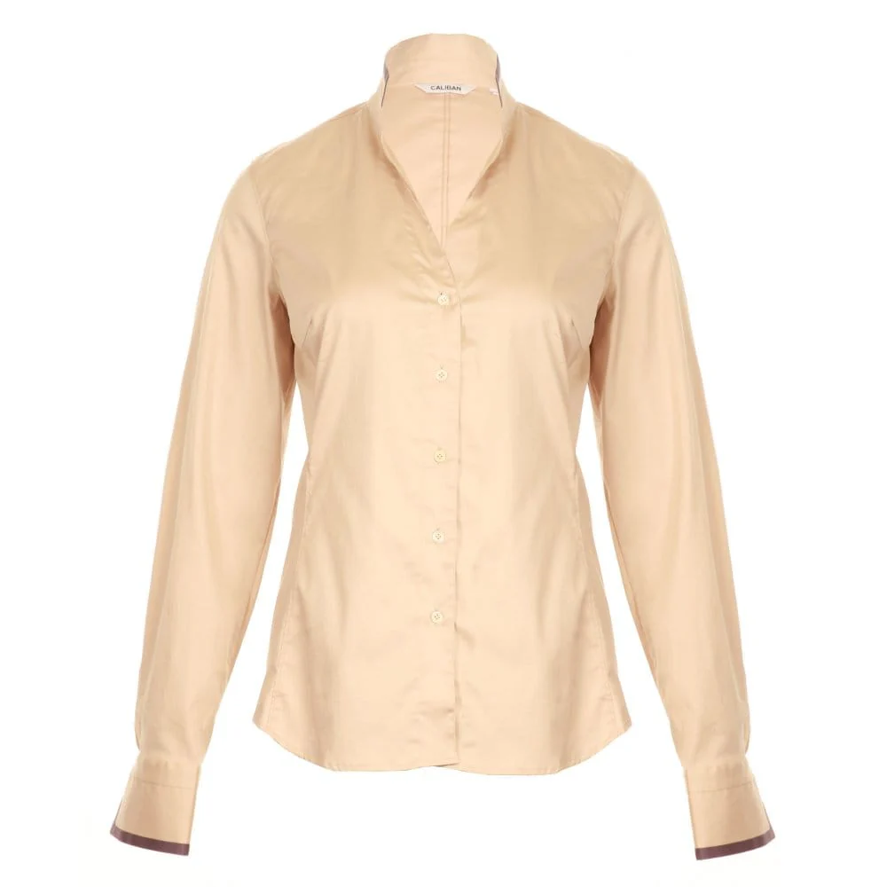 Caliban Camiceria Fitted Sateen Shirt Beige - Image 5