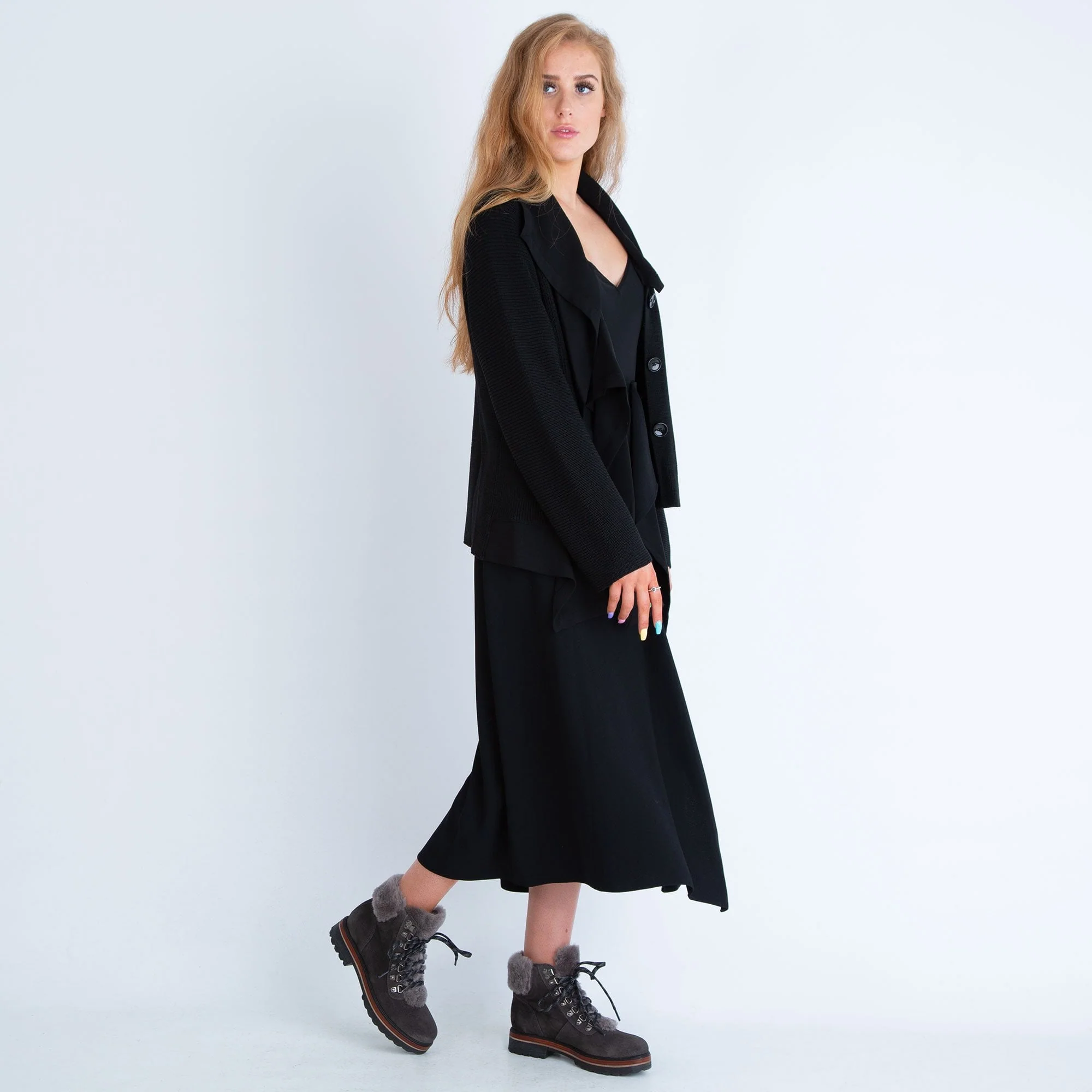 Crea Concept Black Waterfall Front Knitted Cardigan - Image 3