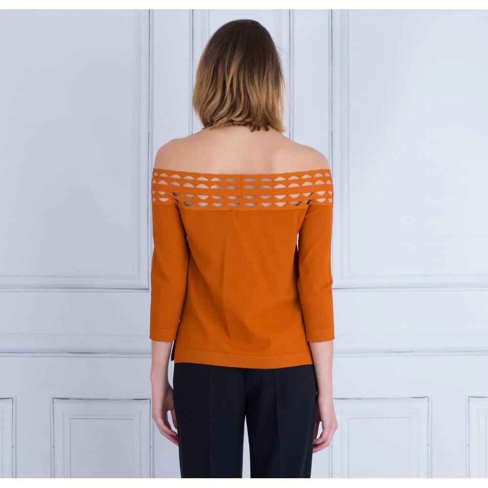 D.Exterior Off Shoulder Bardot Cut Out Jumper Burnt Orange - Image 3