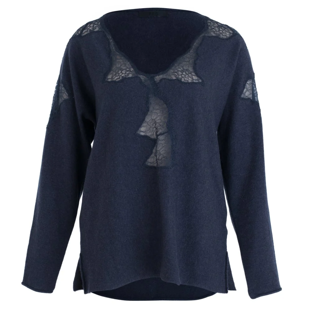 FFC Lace Insert V Neck Jumper Denim Blue - Image 3