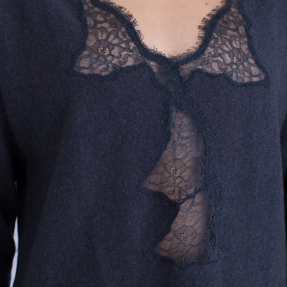 FFC Lace Insert V Neck Jumper Denim Blue - Image 5