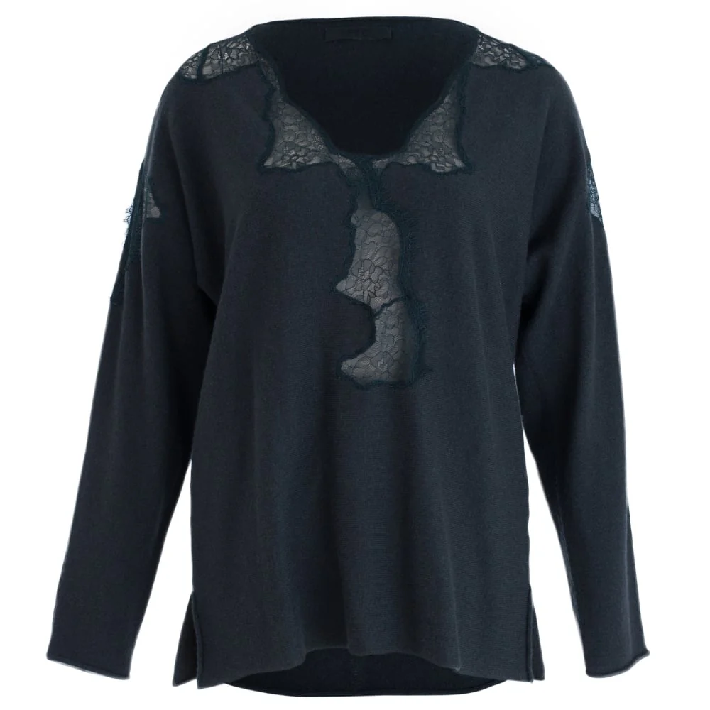 FFC Lace Insert V Neck Jumper Forest Green - Image 3