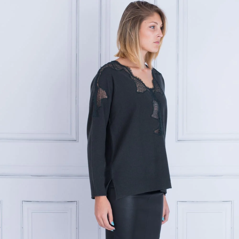 FFC Lace Insert V Neck Jumper Forest Green - Image 4