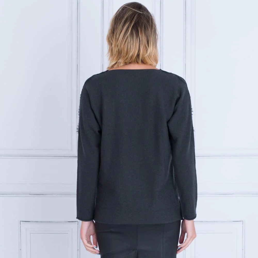 FFC Lace Insert V Neck Jumper Forest Green - Image 5