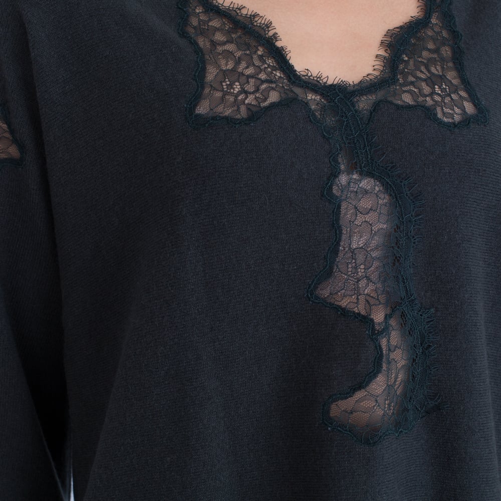 FFC Lace Insert V Neck Jumper Forest Green - Image 6