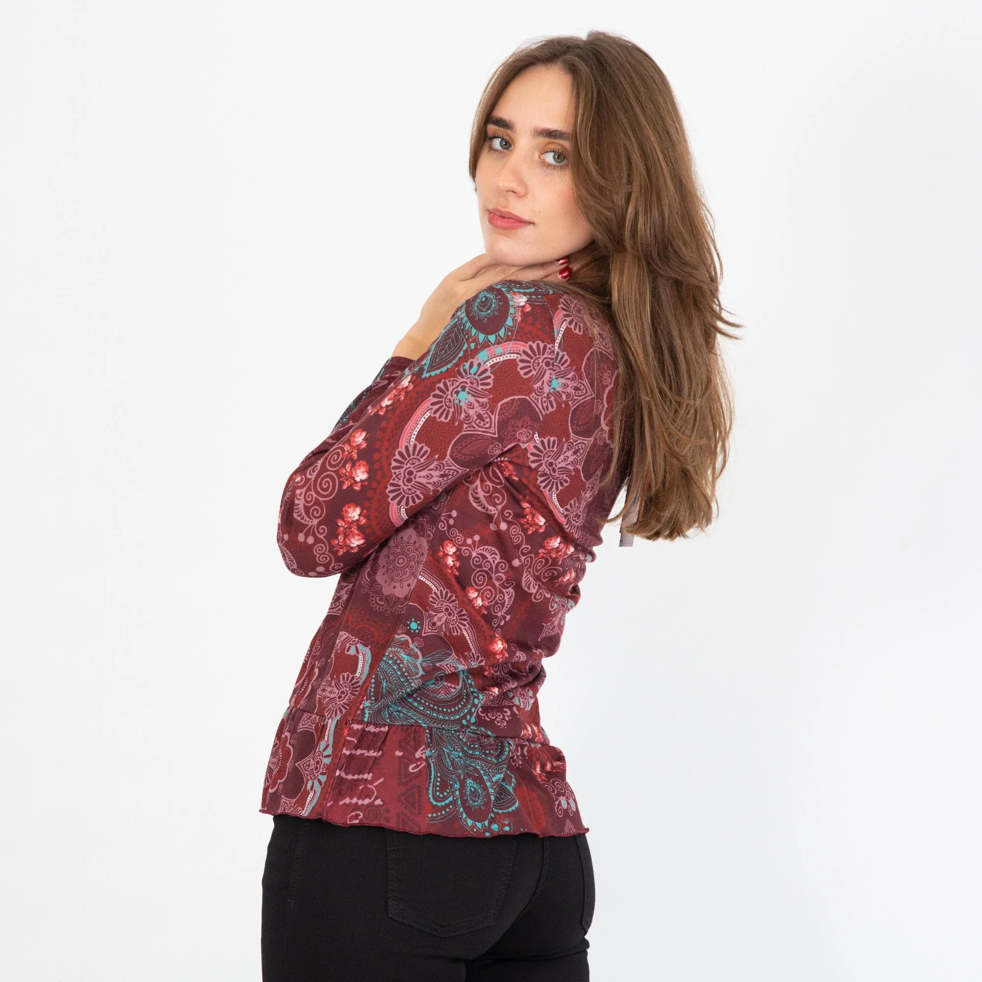 Kalisson Long Sleeve Button Front Top With Frill Detail Red - Image 3