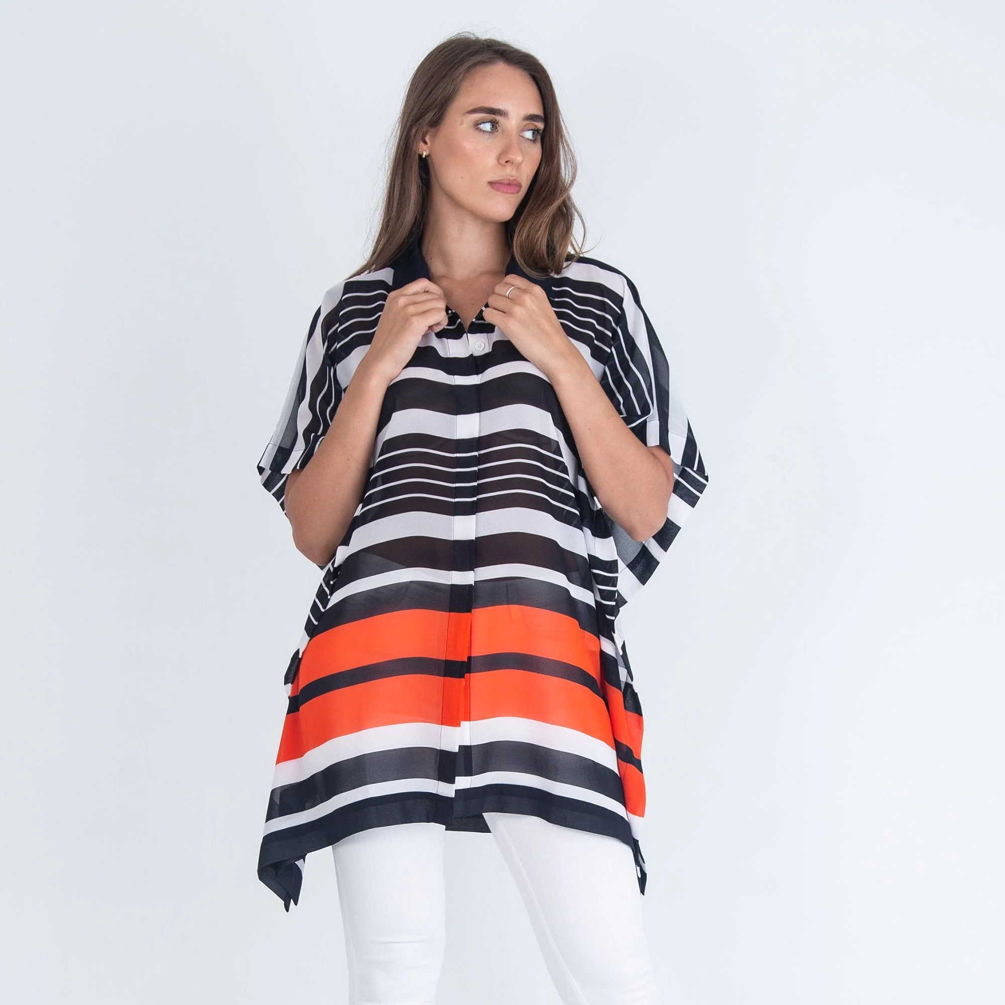 Michael Kors Oversized Stripe Silk Shirt Navy - Image 3