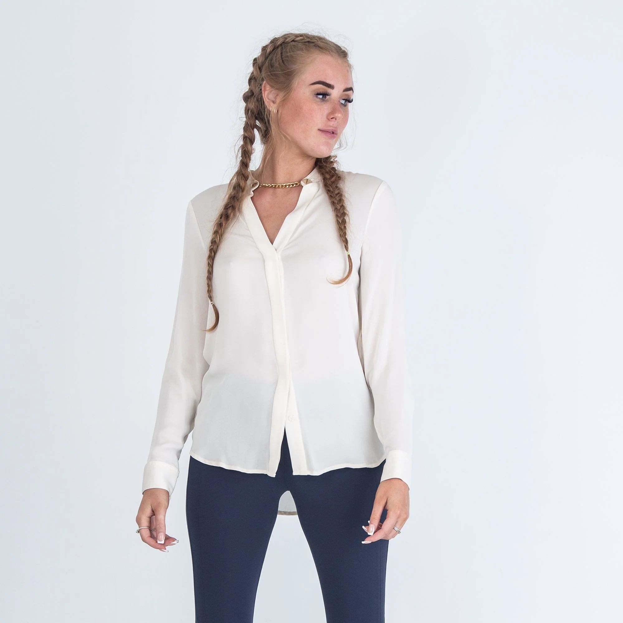 Michael Kors Silk Blouse With Mandarin Collar And Chain Neck Cream - Image 3