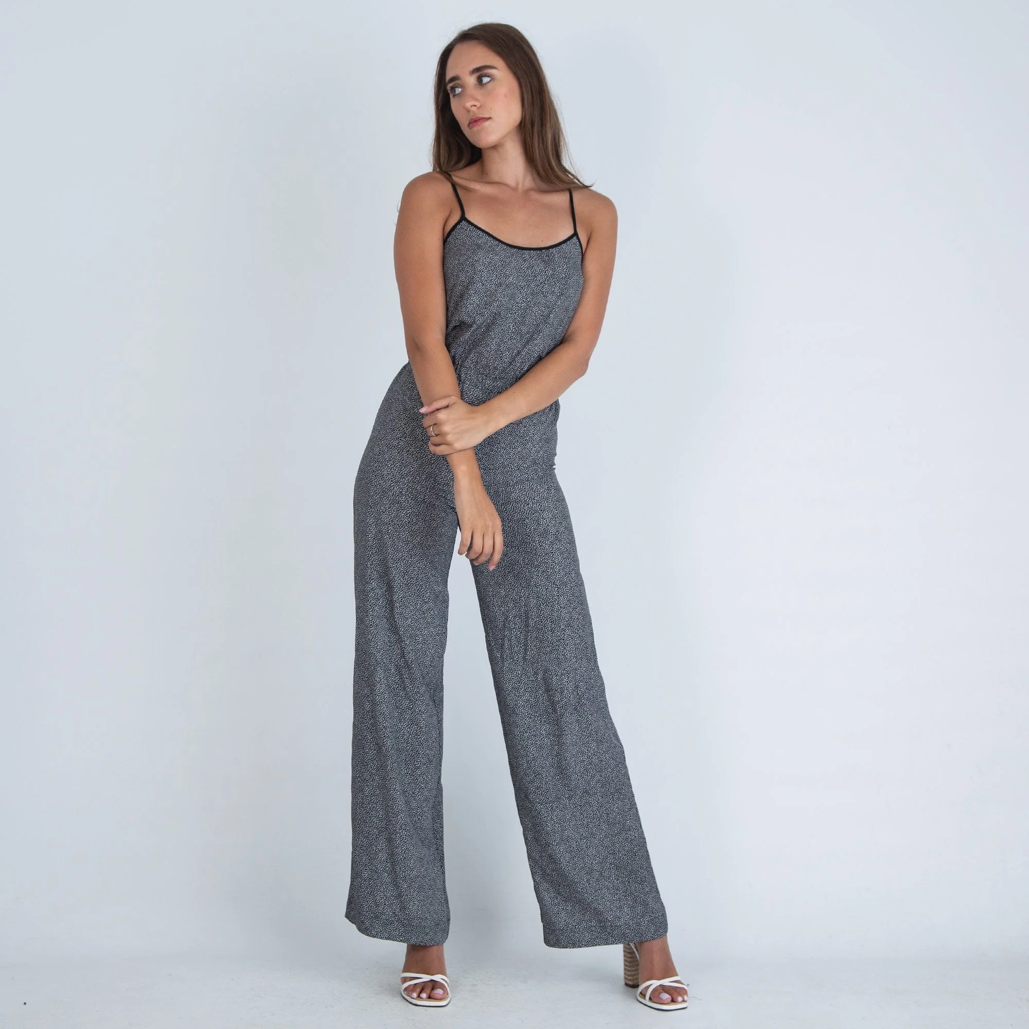 Michael Kors Spaghetti Strap Wide Leg Giraffe Print Jumpsuit Black/White - Image 4