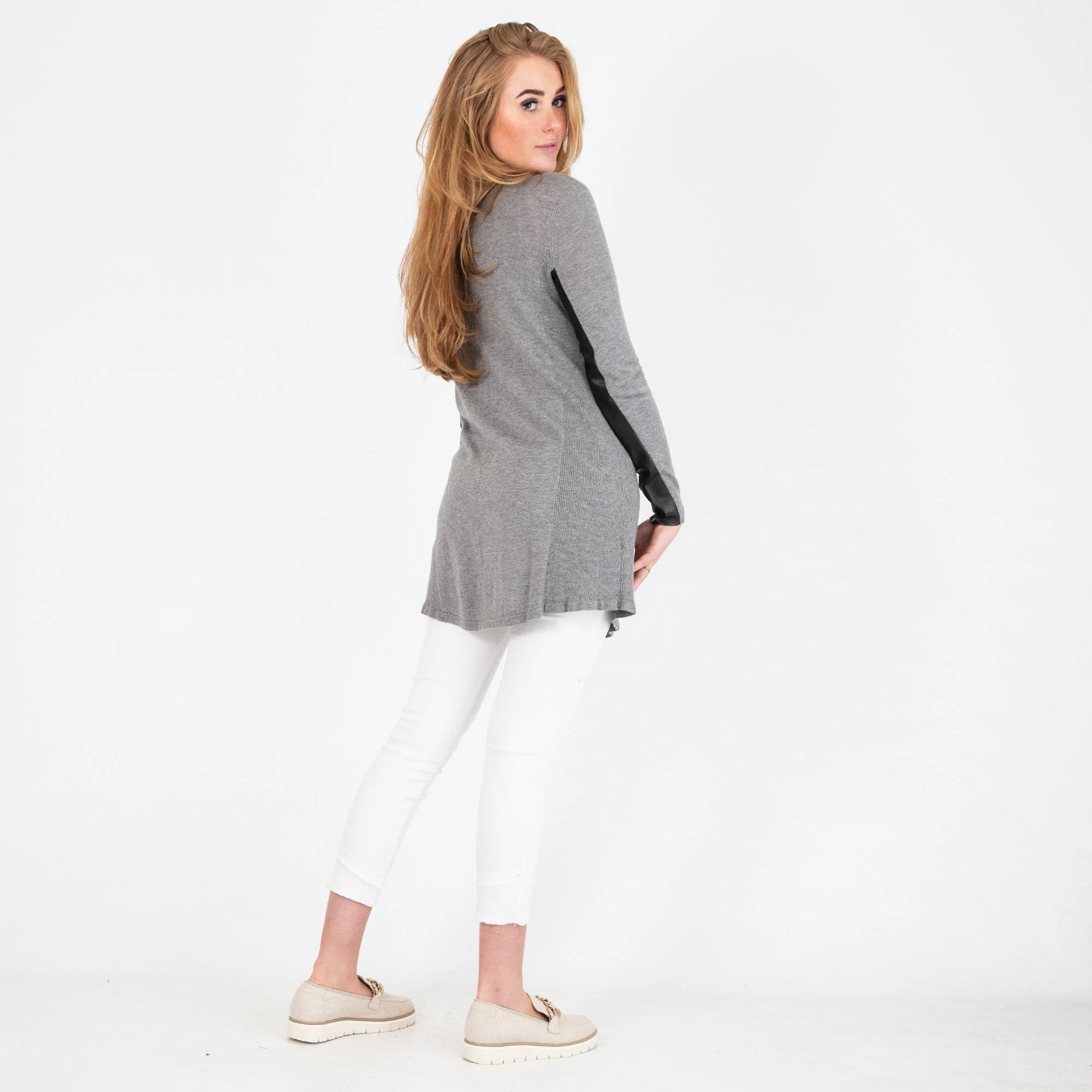 Pinko A Line Leather Sleeve Jumper Grey - Image 3