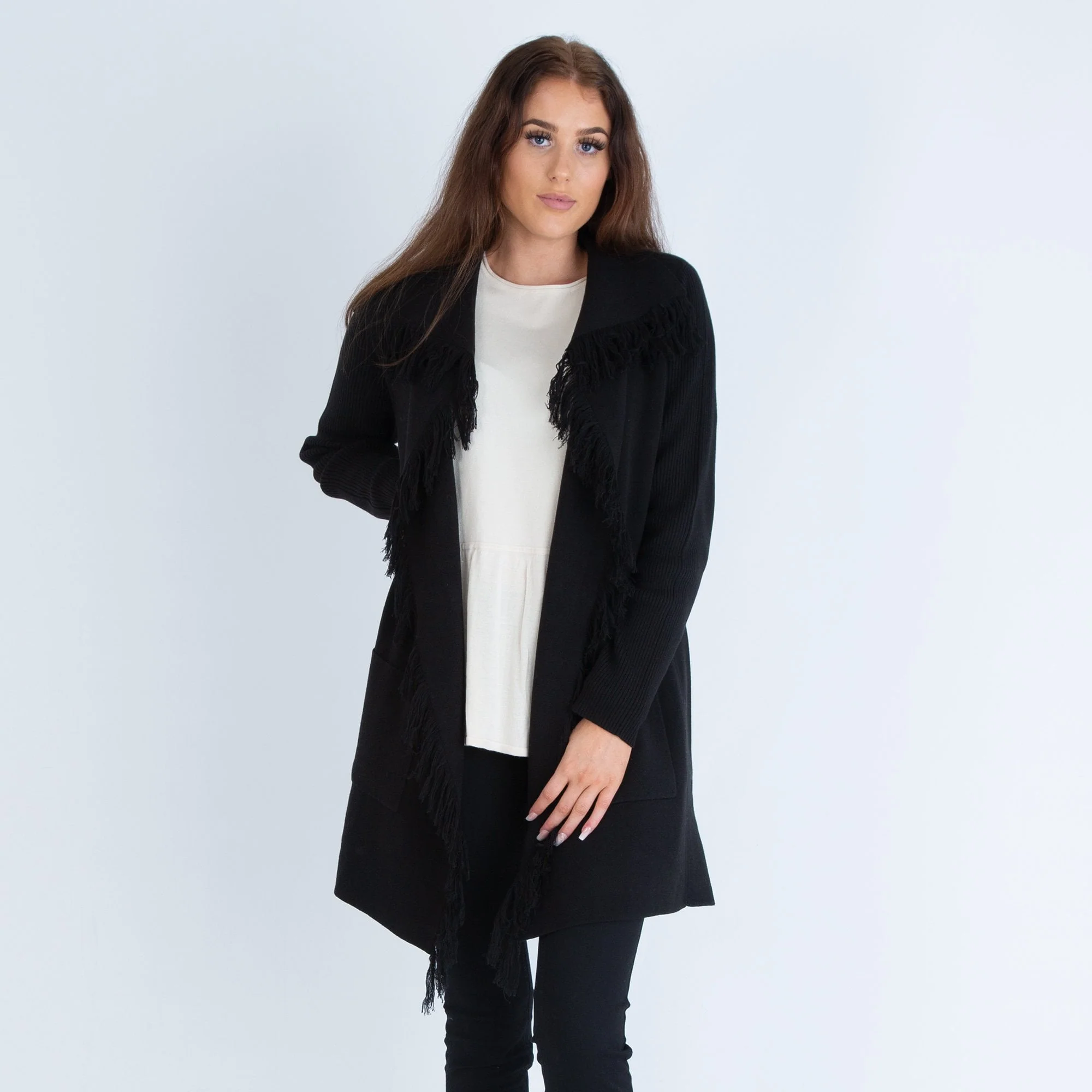 Repeat Waterfall Fringed Edge Cardigan Black & Tan - Image 3