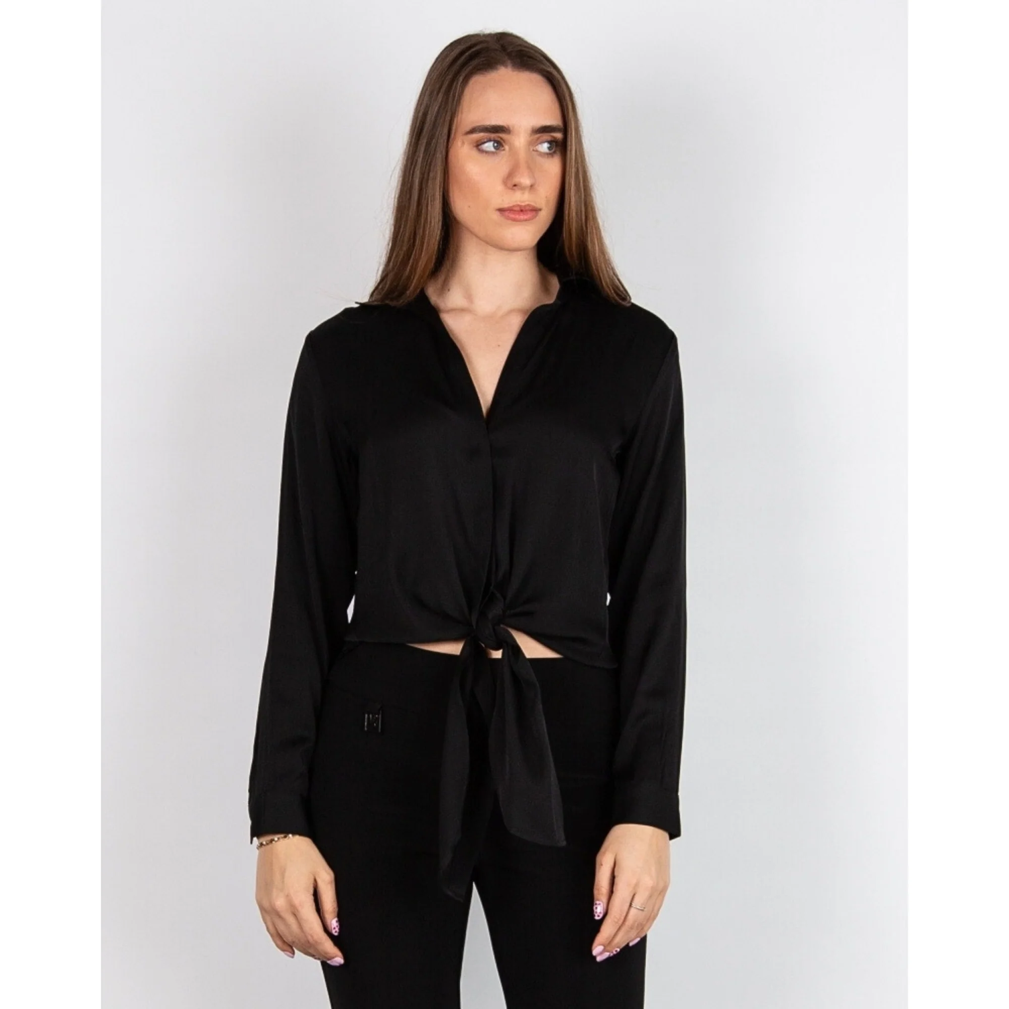 Silk95 Thai Silk Shirt Blouse With Tie Hem Black - Image 5