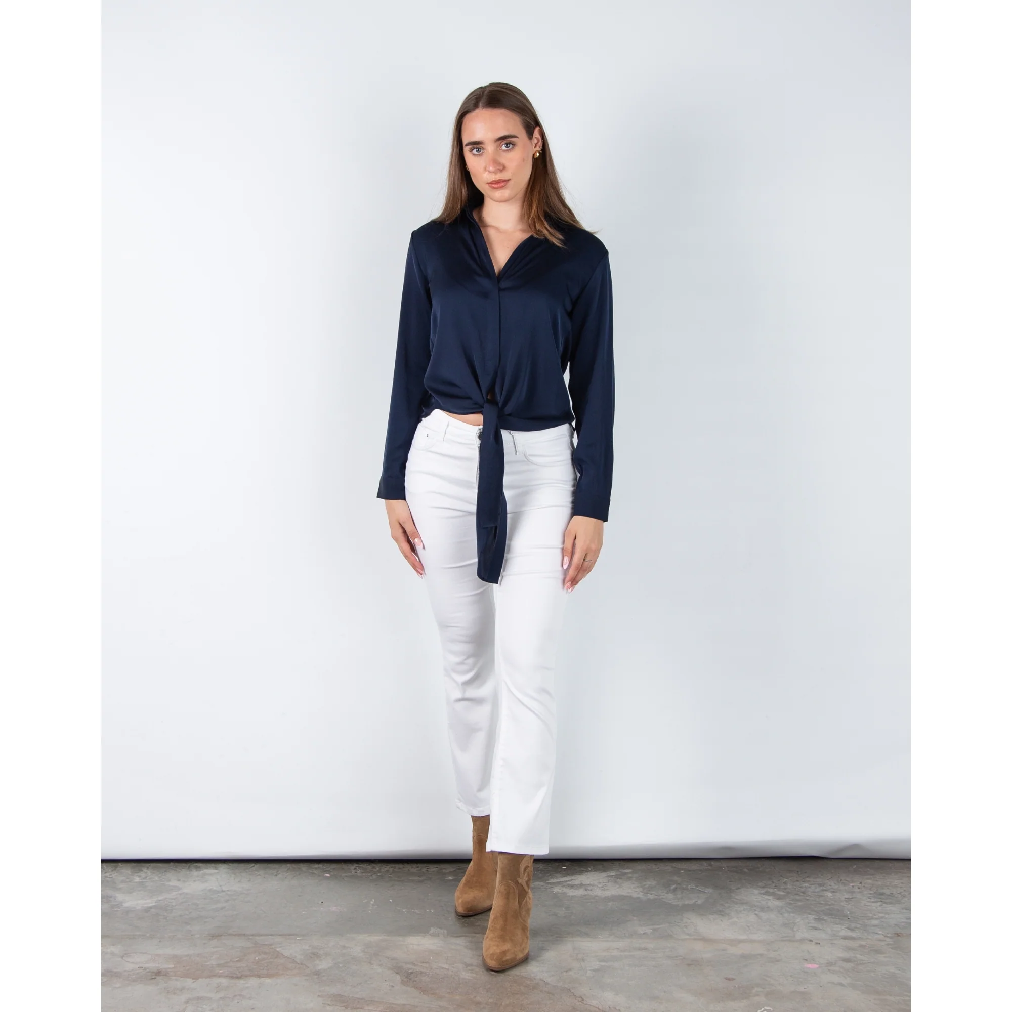 Silk95 Thai Silk Shirt Blouse With Tie Hem Navy - Image 3