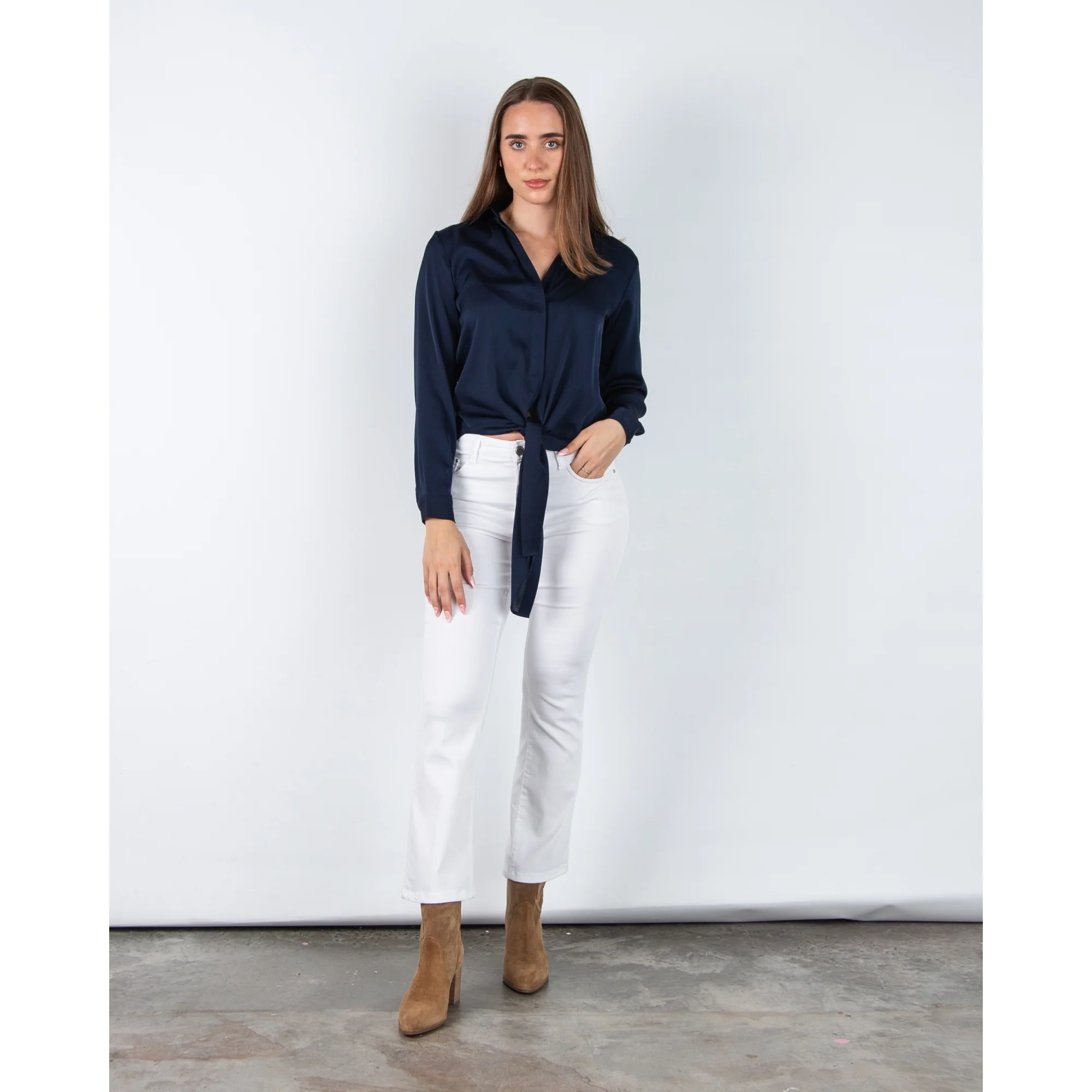 Silk95 Thai Silk Shirt Blouse With Tie Hem Navy - Image 5